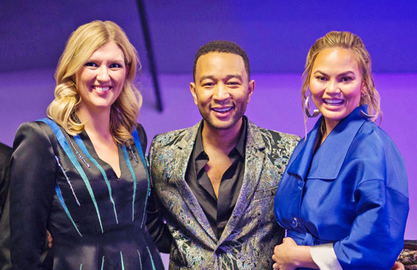 Beatrice Fihn, director of ICAN, the 2017 Nobel Peace Prize Award recipient, at the awards ceremony with event headliner John Legend and his wife Chrissy Teigen. Photo courtesy ICAN.
