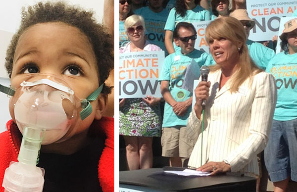 Left: Air pollutants can cause permanent damage to developing lungs in children. Right: Laura Turner Seydel at a Clean Power Now rally.